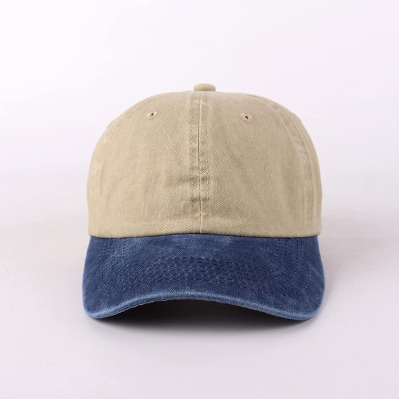 Unisex Khaki + Denim Blue Baseball Cap Cotton Fits Washed Denim Adjustable Hat - Picture 2 of 6